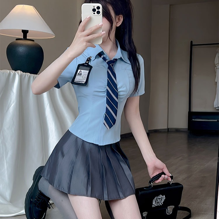 Women's JK Uniform Set - Short Sleeve Blue Shirt with Pleated Skirt - Perfect for Club Work, Spa, or Foot Massage Services