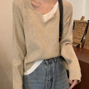 Women's K-Pop Inspired Fake Two-Piece Top, Y2K Style Knitted Layer for Jazz Dance Music Festival