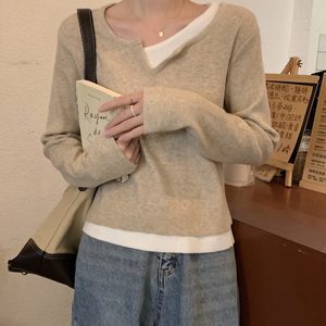 Women's K-Pop Inspired Fake Two-Piece Top, Y2K Style Knitted Layer for Jazz Dance Music Festival