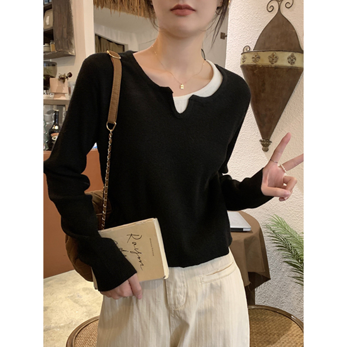 Women's K-Pop Inspired Fake Two-Piece Top, Y2K Style Knitted Layer for Jazz Dance Music Festival