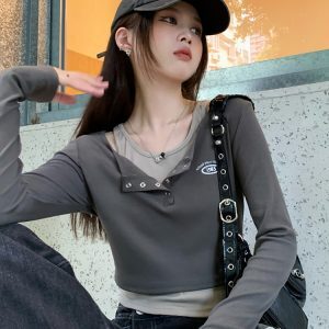 Women's K-Pop Inspired Long Sleeve Two-Piece Top - Jazz Dance Outfit with Matching Design for Performances