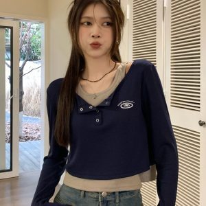 Women's K-Pop Inspired Long Sleeve Two-Piece Top - Jazz Dance Outfit with Matching Design for Performances