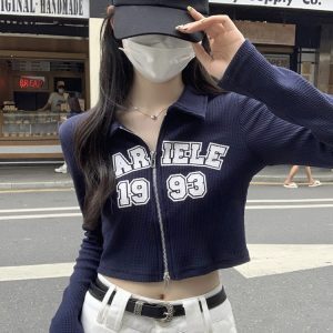 Women's K-Pop Jazz Dance Top - Short Polo Collar Long Sleeve Shirt for Music Festivals & Group Performances