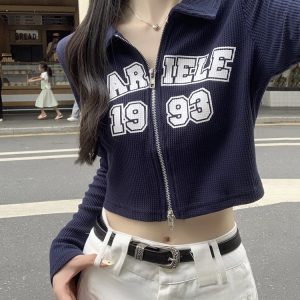 Women's K-Pop Jazz Dance Top - Short Polo Collar Long Sleeve Shirt for Music Festivals & Group Performances