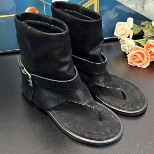 Women's Khaki Flat-Heeled Summer Short Boots - Trendy 1.5cm Thong Sandals for Versatile Summer Style