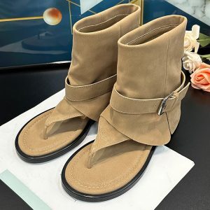 Women's Khaki Flat-Heeled Summer Short Boots - Trendy 1.5cm Thong Sandals for Versatile Summer Style