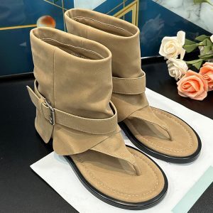 Women's Khaki Flat-Heeled Summer Short Boots - Trendy 1.5cm Thong Sandals for Versatile Summer Style