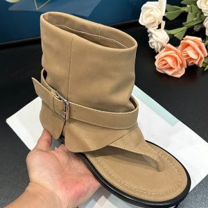 Women's Khaki Flat-Heeled Summer Short Boots - Trendy 1.5cm Thong Sandals for Versatile Summer Style