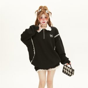 Women's Korean Style Patchwork Lace Collar Polo Sweatshirt - Hoodless, Loose-Fitting Pullover for Spring & Autumn Fashion