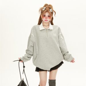 Women's Korean Style Patchwork Lace Collar Polo Sweatshirt - Hoodless, Loose-Fitting Pullover for Spring & Autumn Fashion