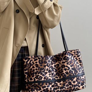 Women's Large Capacity Leopard Print Canvas Tote Bag - Spring Summer Niche Design Shoulder Handbag