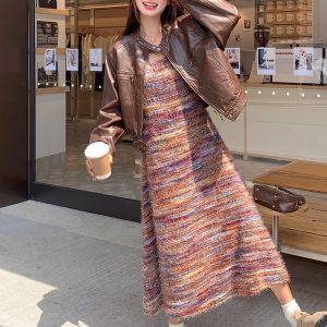 Women's Leather Jacket and Tank Top Dress Two-Piece Set, Long Skirt Outfit for Spring and Autumn 2025, Chic Casual Style