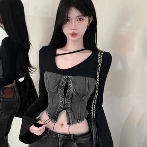 Women's Long-Sleeve Denim Patchwork Jazz Top for K-Pop Music Festival, Unique and Stylish Design, Trendy Women's T-shirt
