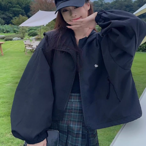 Women's Loose Sports Windbreaker Jacket with Drawstring, Double Zipper, and Hood - Casual Street Style Outerwear