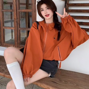 Women's Loose Sports Windbreaker Jacket with Drawstring, Double Zipper, and Hood - Casual Street Style Outerwear