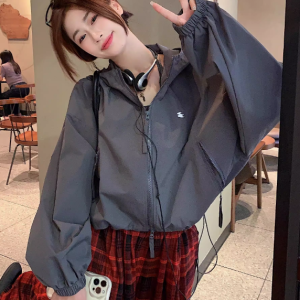Women's Loose Sports Windbreaker Jacket with Drawstring, Double Zipper, and Hood - Casual Street Style Outerwear