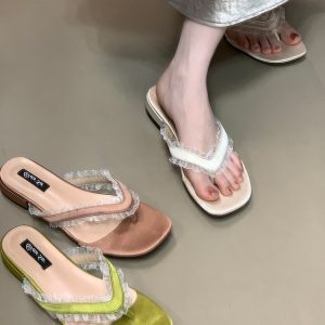 Women's Ocean One Lace Splicing Low-Heeled Flip-Flops - Stylish Casual Summer Shoes in Korean Style