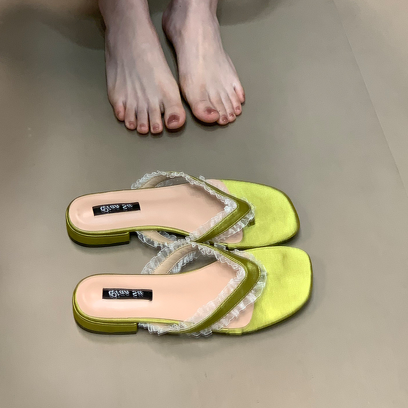 Women's Ocean One Lace Splicing Low-Heeled Flip-Flops - Stylish Casual Summer Shoes in Korean Style