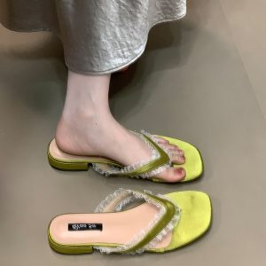 Women's Ocean One Lace Splicing Low-Heeled Flip-Flops - Stylish Casual Summer Shoes in Korean Style