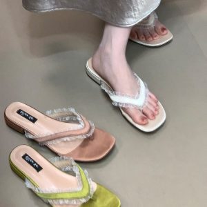 Women's Ocean One Lace Splicing Low-Heeled Flip-Flops - Stylish Casual Summer Shoes in Korean Style