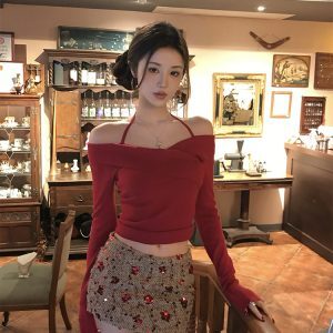 Women's Off-Shoulder Halter Neck Knitted Sweater - Slim Fit Autumn Winter Style, Chic Casual Knit Top