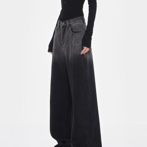 Women’s Ombre Design Wide-Leg Fleece Jeans - Black Straight Loose Floor-Length Pants for Winter Style