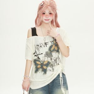 Women’s One-Shoulder Butterfly Patch Embroidered Short Sleeve T-Shirt - Summer Ripped Off-Shoulder Hot Girl Style