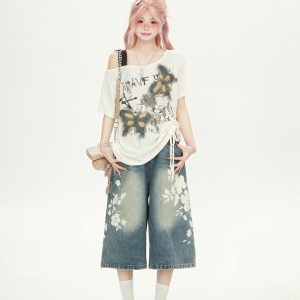 Women’s One-Shoulder Butterfly Patch Embroidered Short Sleeve T-Shirt - Summer Ripped Off-Shoulder Hot Girl Style