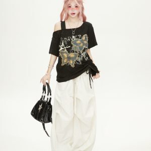 Women’s One-Shoulder Butterfly Patch Embroidered Short Sleeve T-Shirt - Summer Ripped Off-Shoulder Hot Girl Style