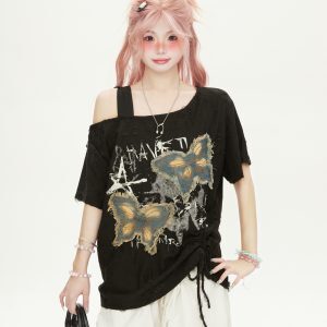 Women’s One-Shoulder Butterfly Patch Embroidered Short Sleeve T-Shirt - Summer Ripped Off-Shoulder Hot Girl Style