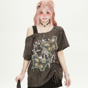 Women’s One-Shoulder Butterfly Patch Embroidered Short Sleeve T-Shirt - Summer Ripped Off-Shoulder Hot Girl Style