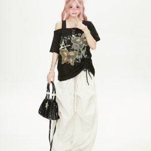 Women’s One-Shoulder Butterfly Patch Embroidered Short Sleeve T-Shirt - Summer Ripped Off-Shoulder Hot Girl Style