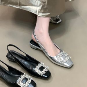 Women's Open-Toe Chunky Heels Sandals with Rhinestones, Elegant Backless Design for Skirts, 2025 Trendy French Style