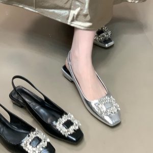 Women's Open-Toe Chunky Heels Sandals with Rhinestones, Elegant Backless Design for Skirts, 2025 Trendy French Style