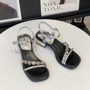 Women's Open-Toe One-Strap Chunky Heel Sandals, Silver Fairy Style, French Square Toe, Elegant Roman Summer Shoes 2025