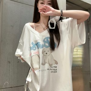 Women's Oversized Hip-Hop Drop Shoulder V-Neck T-Shirt - Loose Fit Short Sleeve Top in Casual Streetwear Style