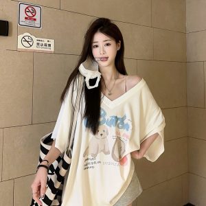 Women's Oversized Hip-Hop Drop Shoulder V-Neck T-Shirt - Loose Fit Short Sleeve Top in Casual Streetwear Style