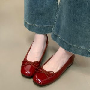 Women’s Patent Leather Bow Tie Flats - Versatile Evening Shoes with Hidden Height Increase, Perfect for Skirts and Dresses