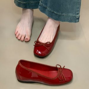 Women’s Patent Leather Bow Tie Flats - Versatile Evening Shoes with Hidden Height Increase, Perfect for Skirts and Dresses