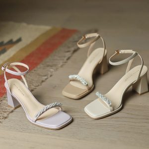 Women's Pearl High-Heeled Sandals, Chunky Heel Open-Toe Roman Shoes, Versatile One-Strap Design, Summer Style 2025