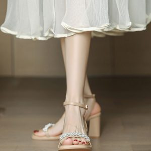Women's Pearl High-Heeled Sandals, Chunky Heel Open-Toe Roman Shoes, Versatile One-Strap Design, Summer Style 2025
