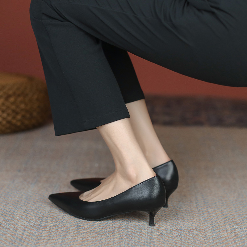 Women's Professional Low Heel Black Pointed Toe High Heels - 3cm Soft Leather Work Shoes for Interviews and Office Wear