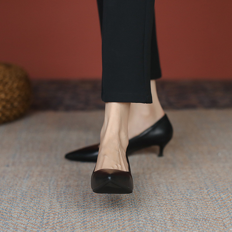 Women's Professional Low Heel Black Pointed Toe High Heels - 3cm Soft Leather Work Shoes for Interviews and Office Wear