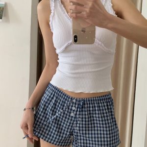 Women's Red Plaid Wide-Leg Shorts - Elastic Waist, Button Detail, Casual Cotton Bottoms for Home and Beach, 90s American Style