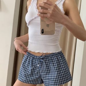 Women's Red Plaid Wide-Leg Shorts - Elastic Waist, Button Detail, Casual Cotton Bottoms for Home and Beach, 90s American Style