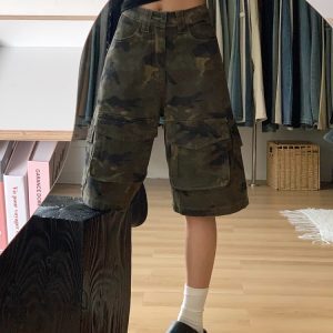 Women's Retro Camouflage Work Shorts - American Style Loose Denim Capris for Summer High Street Fashion