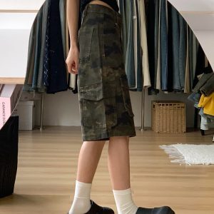 Women's Retro Camouflage Work Shorts - American Style Loose Denim Capris for Summer High Street Fashion