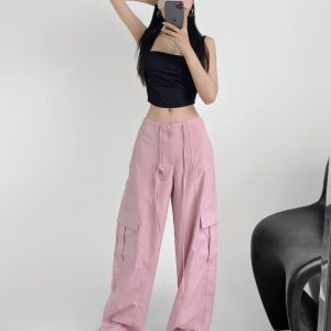 Women's Retro Jazz Hip-Hop Pink Wide-Leg Work Pants - Casual Loose Straight Summer Trousers