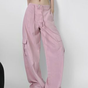 Women's Retro Jazz Hip-Hop Pink Wide-Leg Work Pants - Casual Loose Straight Summer Trousers