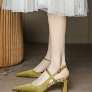 Women's Retro Minimalist Mustard Green Chunky Heel Sandals - Backless Peep-Toe Summer Fashion 2025